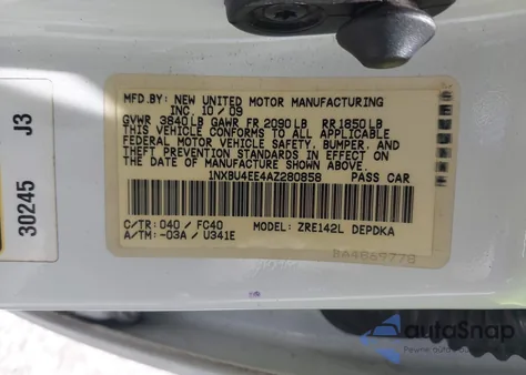 2010 Toyota Corolla Le from USA, damaged, VIN 1NXBU4EE4AZ280858